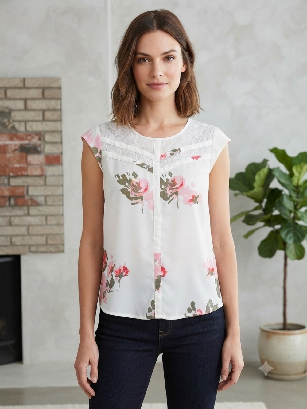 Candie's White Floral Lace Yoke Cap-Sleeve Blouse